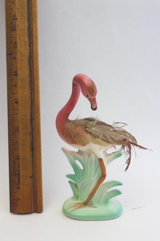 photo of retro 50s pink flamingo w/ feathers, kitschy vintage Japan ceramic figurine #2