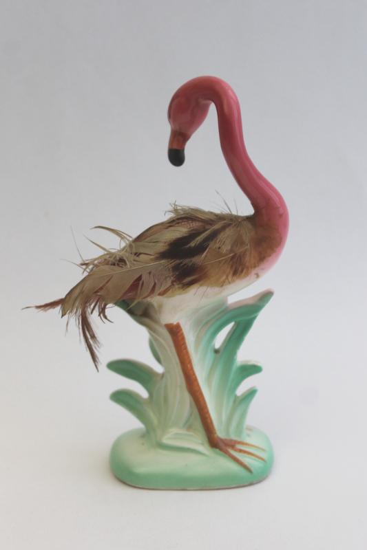 photo of retro 50s pink flamingo w/ feathers, kitschy vintage Japan ceramic figurine #3