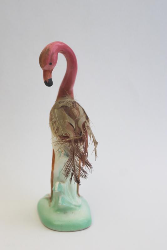 photo of retro 50s pink flamingo w/ feathers, kitschy vintage Japan ceramic figurine #4