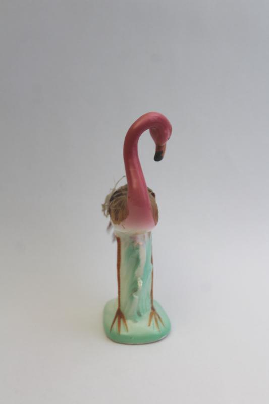 photo of retro 50s pink flamingo w/ feathers, kitschy vintage Japan ceramic figurine #5