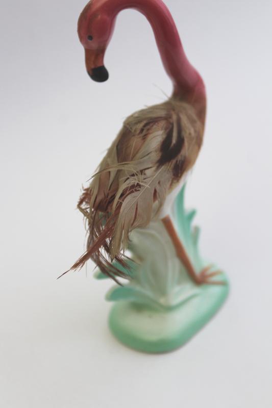 photo of retro 50s pink flamingo w/ feathers, kitschy vintage Japan ceramic figurine #7