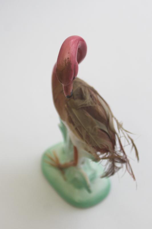 photo of retro 50s pink flamingo w/ feathers, kitschy vintage Japan ceramic figurine #8