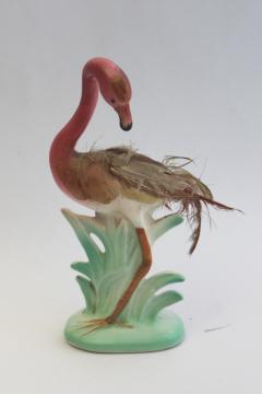 catalog photo of retro 50s pink flamingo w/ feathers, kitschy vintage Japan ceramic figurine