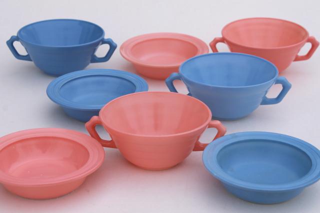 photo of retro 50s vintage Hazel Atlas Moderntone platonite bowls & cream soups, pastel pink & blue #1