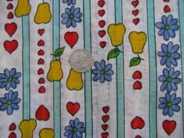 catalog photo of retro 60s fruit print, bright vintage cotton seersucker fabric