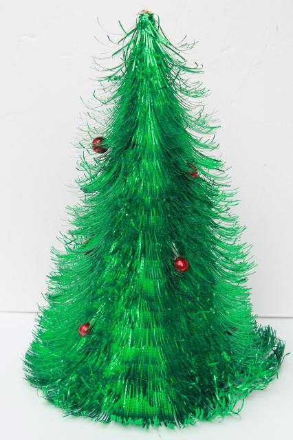 photo of retro 60s vintage Christmas decoration, fluffy green tinsel shag tabletop tree #1