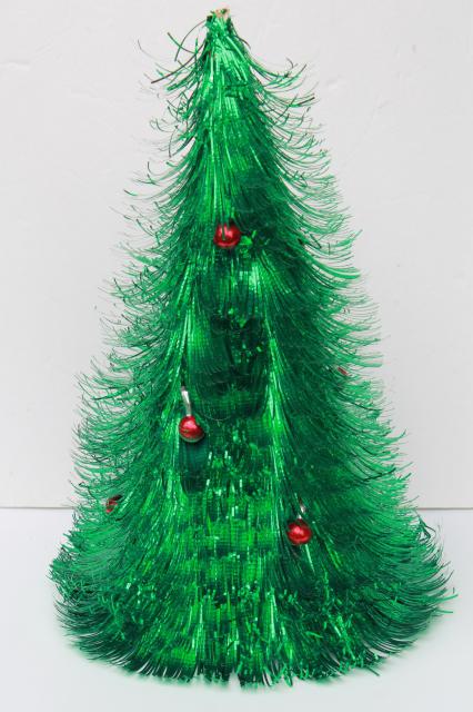 photo of retro 60s vintage Christmas decoration, fluffy green tinsel shag tabletop tree #2