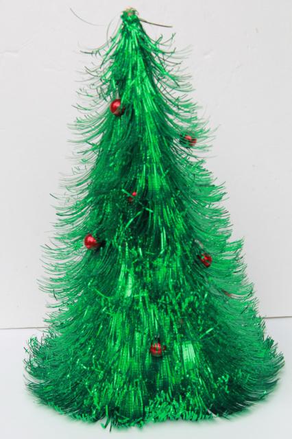 photo of retro 60s vintage Christmas decoration, fluffy green tinsel shag tabletop tree #3