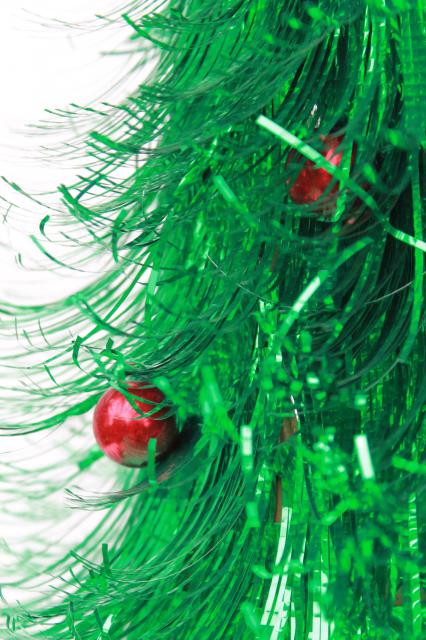 photo of retro 60s vintage Christmas decoration, fluffy green tinsel shag tabletop tree #4