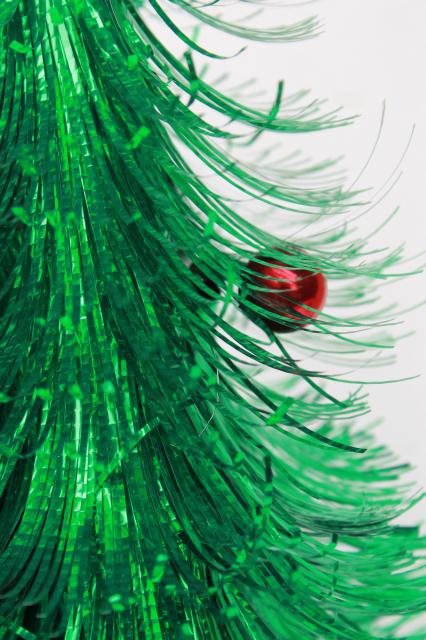 photo of retro 60s vintage Christmas decoration, fluffy green tinsel shag tabletop tree #6