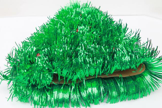 photo of retro 60s vintage Christmas decoration, fluffy green tinsel shag tabletop tree #8