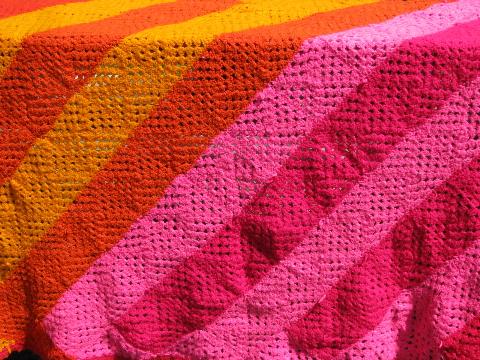 photo of retro 60s vintage crochet afghan, shocking pink, flame orange & gold #2