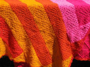 catalog photo of retro 60s vintage crochet afghan, shocking pink, flame orange & gold