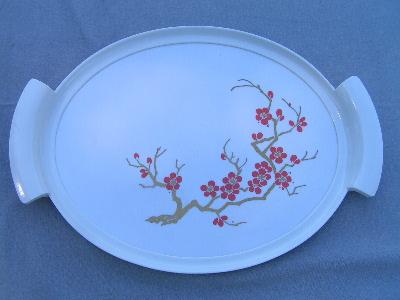 photo of 60's vintage melmac tray, oriental red flowers #1