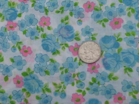 photo of retro 60s vintage print cotton fabric, hot pink and blue roses floral #1