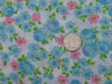 catalog photo of retro 60s vintage print cotton fabric, hot pink and blue roses floral