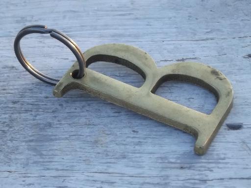 photo of retro 70s B monogram key chain, vintage solid brass letter initial B #3