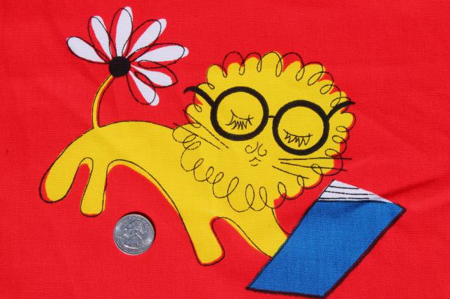 photo of retro 70s bookworm lion in eye glasses, vintage print cotton duck fabric #3