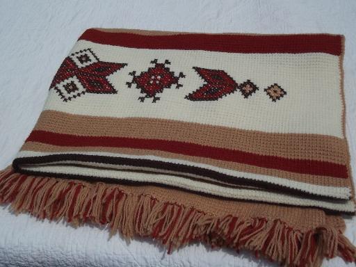 photo of retro 70s fringed indian blanket afghan, hand stitched southwest designs #4