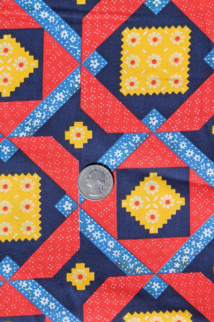 photo of retro 70s patchwork quilt print cotton fabric w/ bright primary color blocks #1