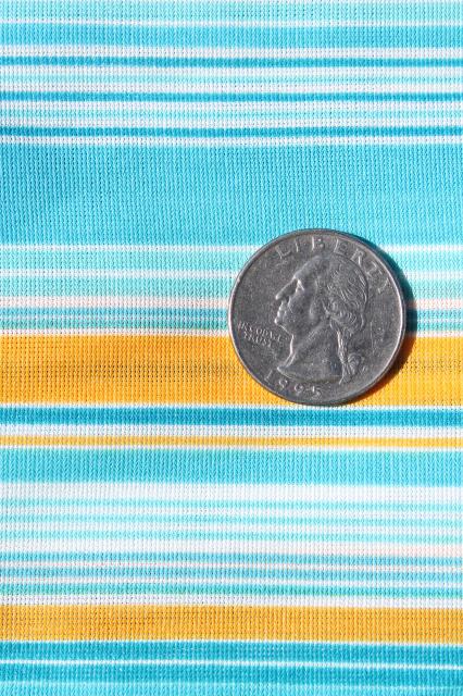 photo of retro 70s polyester fabric, vintage poly tricot knit aqua / yellow stripe #2