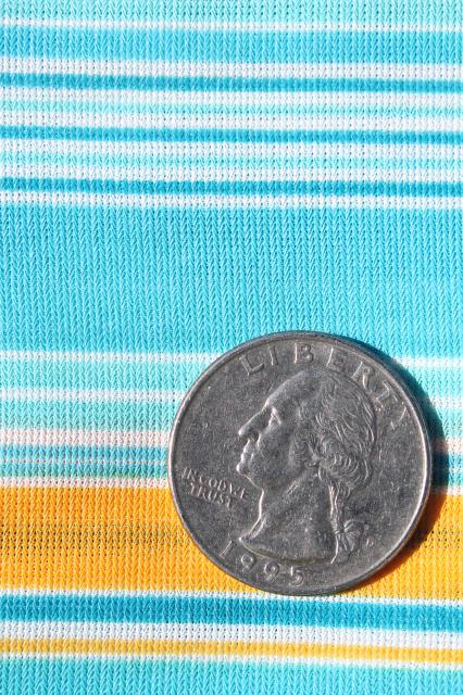 photo of retro 70s polyester fabric, vintage poly tricot knit aqua / yellow stripe #3