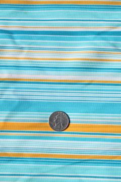 catalog photo of retro 70s polyester fabric, vintage poly tricot knit aqua / yellow stripe