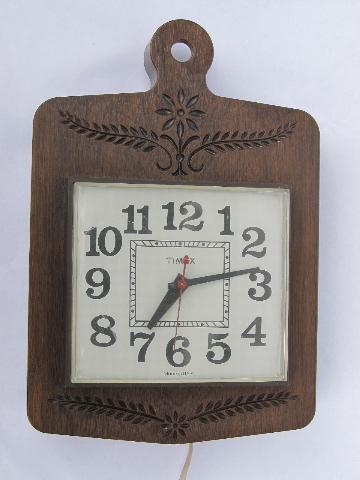 photo of retro 70s vintage Timex kitchen wall clock, chip carved plastic frame #1