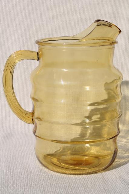 photo of retro 70s vintage amber glass pitcher, saturn optic banded ring stacked rings pattern #3