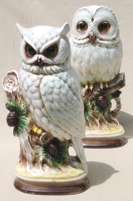 photo of retro 70s vintage ceramic owls, snowy white owls, barn owl & horned owl #1