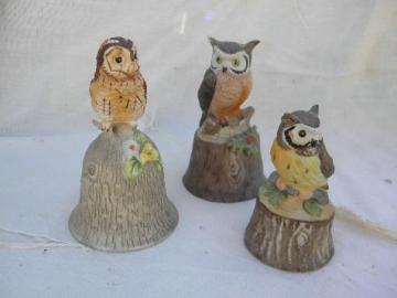 catalog photo of retro 70s vintage china collector's bells, all owls - three bell lot