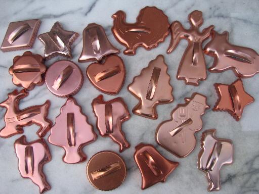 photo of retro 70s vintage copper colored aluminum cookie cutters, large lot #1