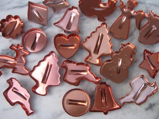 photo of retro 70s vintage copper colored aluminum cookie cutters, large lot #2