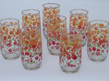 catalog photo of retro 70s vintage drinking glasses w/ orange and red tiny flowers print