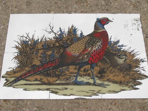 photo of retro 70s wall mural, vintage mirror glass tile, game bird pheasant #1