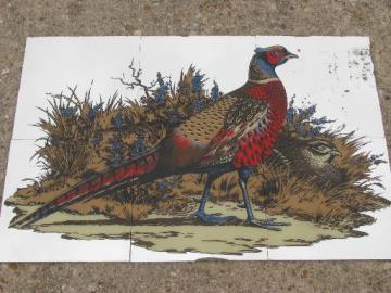 catalog photo of retro 70s wall mural, vintage mirror glass tile, game bird pheasant