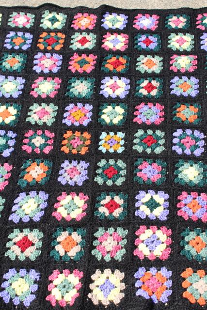photo of retro 80s colors crocheted granny square afghan, vintage crochet lap blanket throw #1