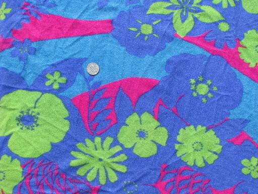 photo of retro 80s neon tropical flowers on synthetic blue stretch velour fabric #1