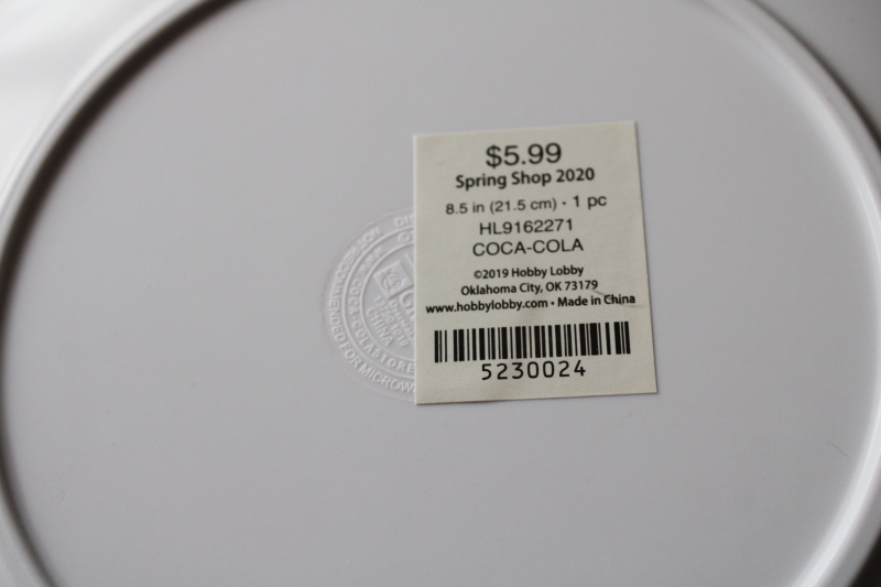 photo of retro Coke graphics red & mint green Cola Cola melamine plates & tumblers, Hobby Lobby 2020 labels  #3