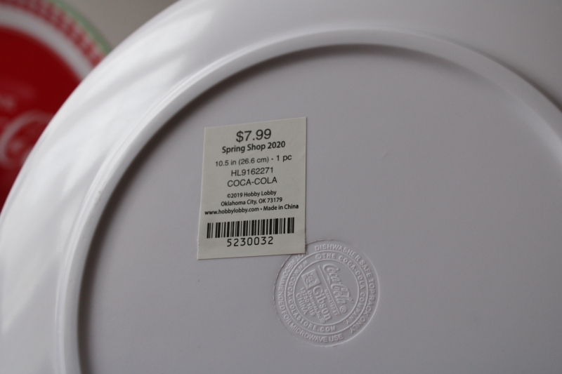 photo of retro Coke graphics red & mint green Cola Cola melamine plates & tumblers, Hobby Lobby 2020 labels  #5