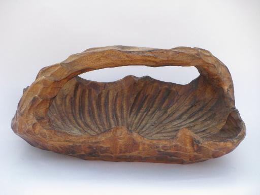 photo of retro Hawaii Hardwoods hand-carved freeform tropical leaf fruit basket #1