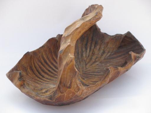 photo of retro Hawaii Hardwoods hand-carved freeform tropical leaf fruit basket #3