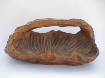 catalog photo of retro Hawaii Hardwoods hand-carved freeform tropical leaf fruit basket