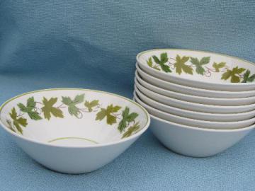 catalog photo of retro Mikasa pottery, Green Wood leaf pattern, 8 small fruit bowls