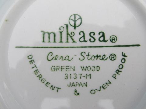 photo of retro Mikasa pottery, Green Wood leaf pattern soup bowls #3