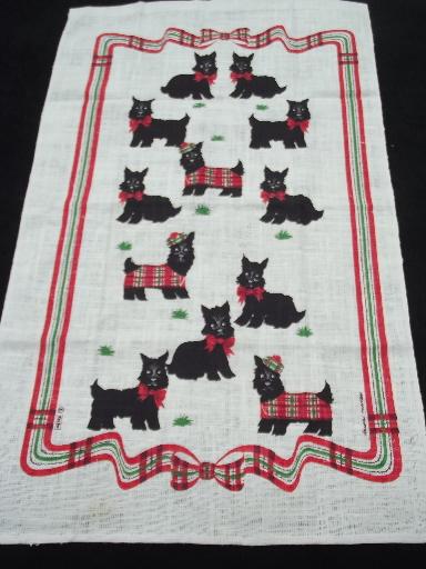 photo of retro Scotty dog print linen kitchen tea towel, vintage Kay-Dee Dawn #1