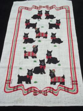 catalog photo of retro Scotty dog print linen kitchen tea towel, vintage Kay-Dee Dawn