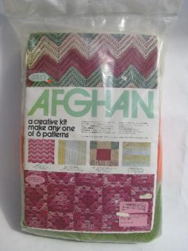 catalog photo of retro afghan kit, knit or crochet throw, yarn and patterns