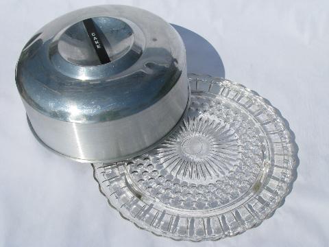 photo of retro aluminum cake keeper cover w/ vintage glass cake plate #2