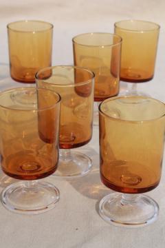 catalog photo of retro amber / clear glass stemmed glasses, vintage Luminarc - France Cavalier pattern